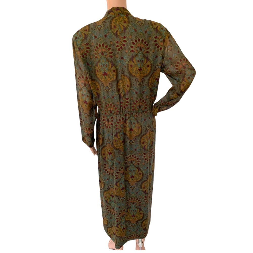 Vintage 80s Olive Green Silk Print Dress 10 Long Sleeve - Picture 2 of 12